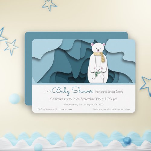 Blue Winter Polar Bear Gender Neutral Baby Shower Invitation