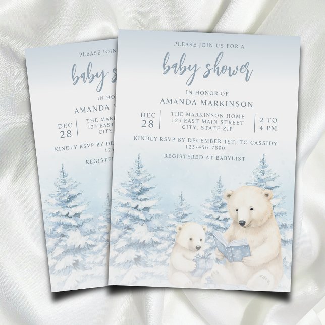 Blue Winter Polar Bear Watercolor Baby Shower Invitation (Creator Uploaded)