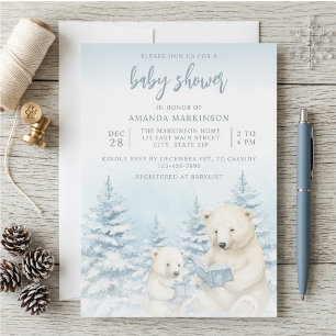 Blue Winter Polar Bear Watercolor Baby Shower Invitation