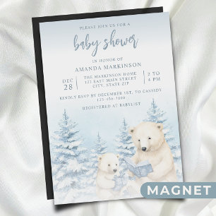Blue Winter Polar Bear Watercolor Baby Shower Magnetic Invitation