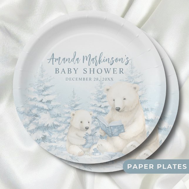 Blue Winter Polar Bear Watercolor Baby Shower Paper Plates (Creator Uploaded)