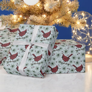 Blue Winter Red Cardinals Pattern Wrapping Paper