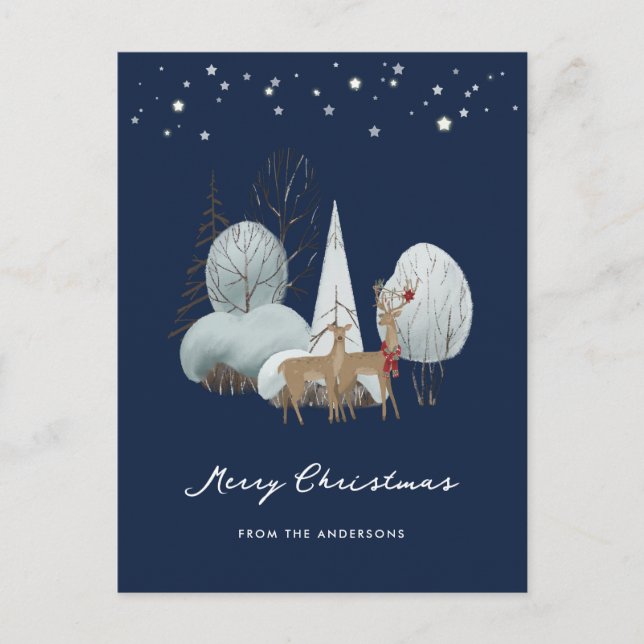 Blue Winter Scene Stars Forest Deer Christmas Holiday Postcard (Front)