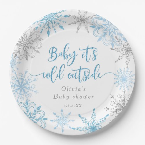 Blue winter silver snowflakes baby shower Balloon Paper Plates