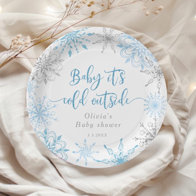 Blue winter silver snowflakes baby shower Balloon Paper Plates (Creator Uploaded)