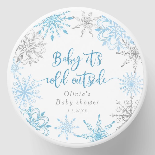 Blue winter silver snowflakes baby shower mini candle favors (Front)