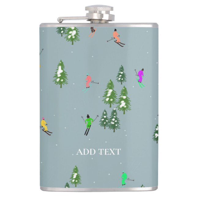 Blue Winter Skiers Skiing pattern  Flask (Front)