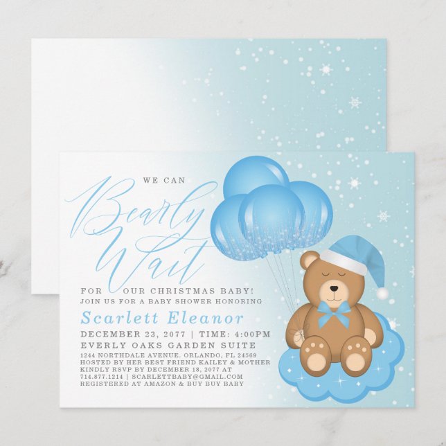 Blue Winter Sleepy Bear Balloons Boy Baby Shower Invitation (Front/Back)