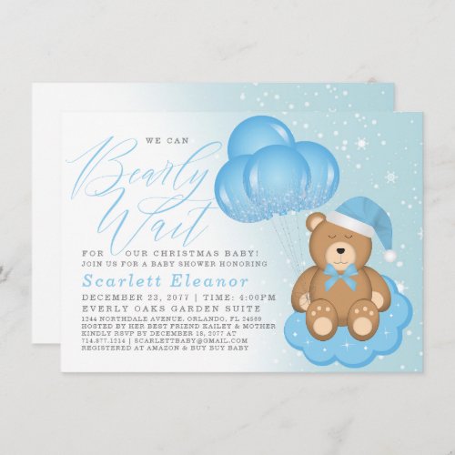 Blue Winter Sleepy Bear Balloons Boy Baby Shower Invitation