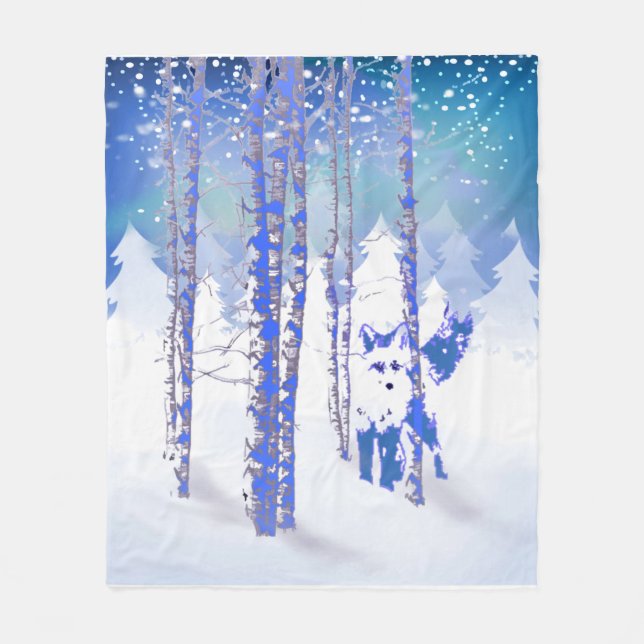 Blue Winter Snow Forest Fox Animal Fleece Blanket (Front)