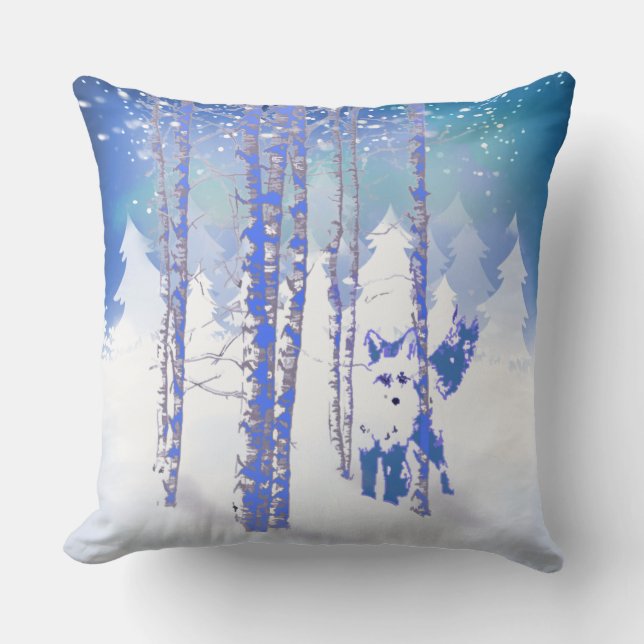 Blue Winter Snow Forest Fox Animal Outdoor Pillow (Front)