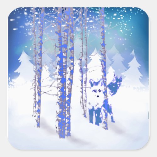 Blue Winter Snow Forest Fox Animal Square Sticker