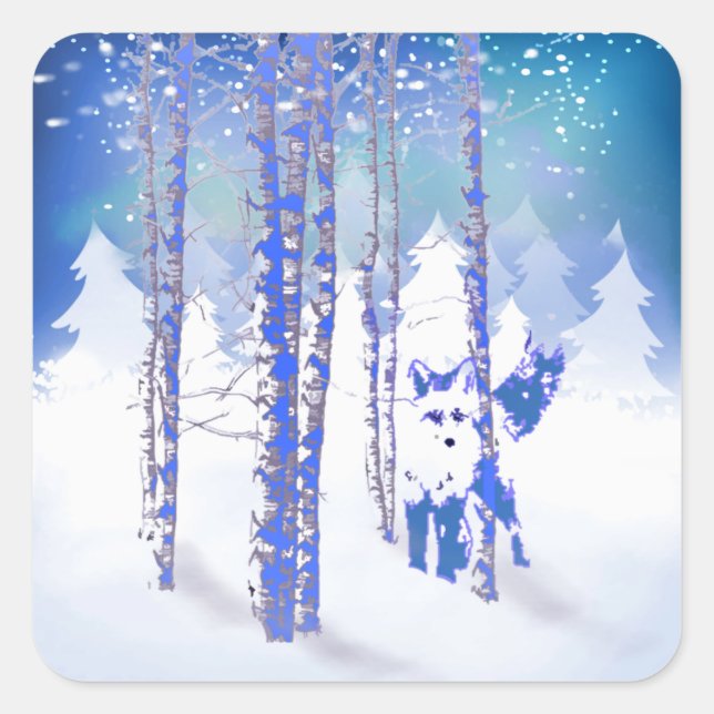 Blue Winter Snow Forest Fox Animal Square Sticker (Front)
