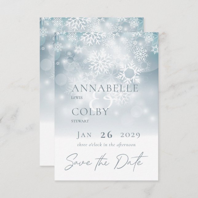 Blue Winter Snow Modern Wedding Save The Date (Front/Back)