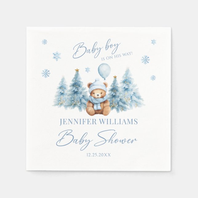 Blue Winter Snow Teddy Bear Baby Boy Shower Paper Napkins (Front)