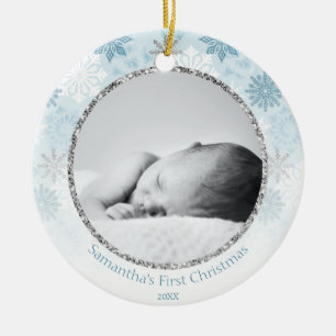 Blue Winter Snowflake Baby's First Christmas Ceramic Ornament