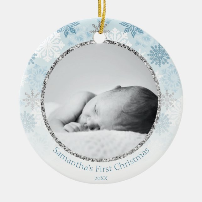 Blue Winter Snowflake Baby's First Christmas Ceramic Ornament (Front)