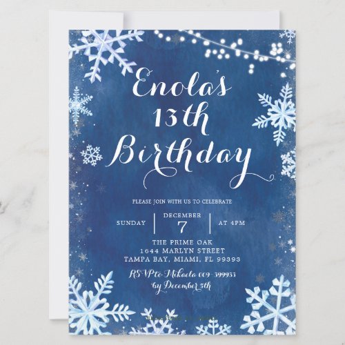 Blue Winter Snowflake Birthday party Invitation