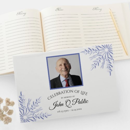 Blue Winter Snowflake Celebration of Life Memorial Guest Book