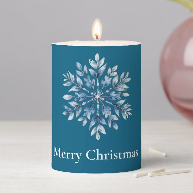 Blue Winter Snowflake Christmas Pillar Candle (In Situ)