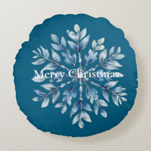 Blue Winter Snowflake Christmas Round Pillow