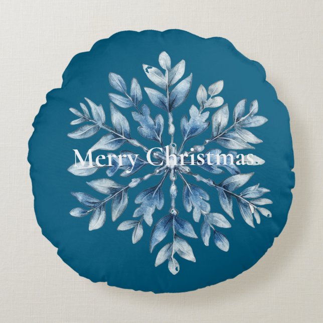 Blue Winter Snowflake Christmas Round Pillow (Front)