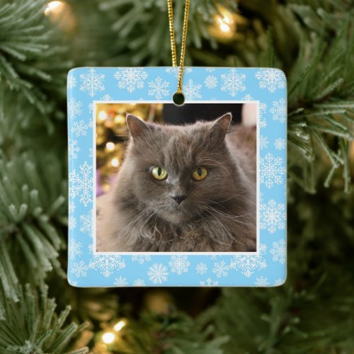 Blue Winter Snowflake Custom Pet Photo Christmas Ceramic Ornament