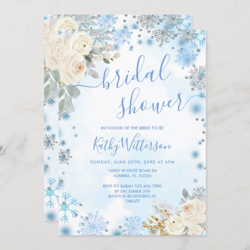 Blue Winter Snowflake Floral Bridal Shower  Invitation