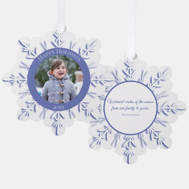 Blue Winter Snowflake Happy Holidays Dated Ornament Card (Front/Back)