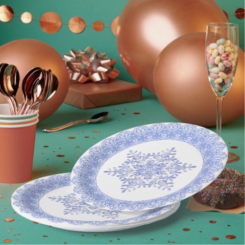 Blue Winter Snowflake Lace Edge Paper Plates