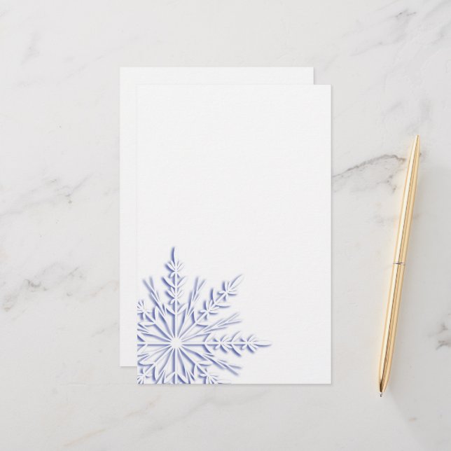 Blue Winter Snowflake on White Stationery (Front/Back In Situ)