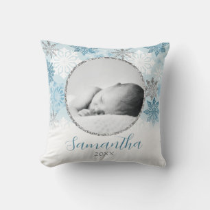 Blue Winter Snowflake Personalized Baby Photo Throw Pillow