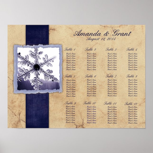 Blue Winter Snowflake Wedding Seating Chart (Front)