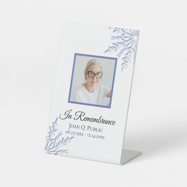 Blue Winter Snowflakes Celebration of Life Funeral Pedestal Sign (Front)