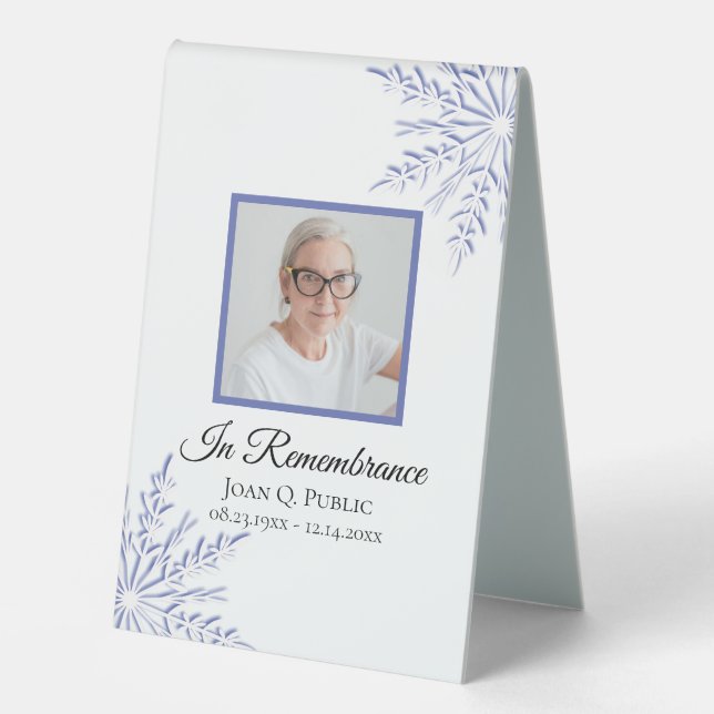 Blue Winter Snowflakes Celebration of Life Funeral Table Tent (Front)