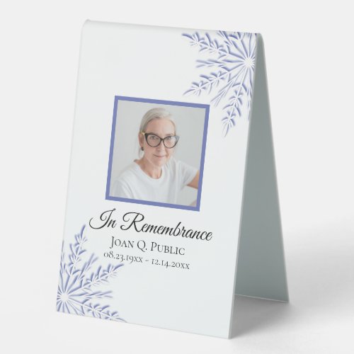 Blue Winter Snowflakes Celebration of Life Funeral Table Tent Sign