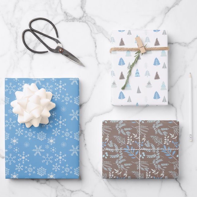 Blue Winter Snowflakes Christmas Trees Wrapping Paper Sheets (Front)