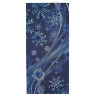Blue Winter Snowflakes Christmas Wood USB Flash Drive