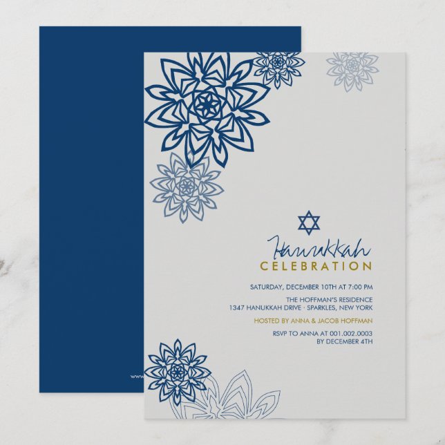Blue Winter Snowflakes Hanukkah Celebration Party Invitation (Front/Back)