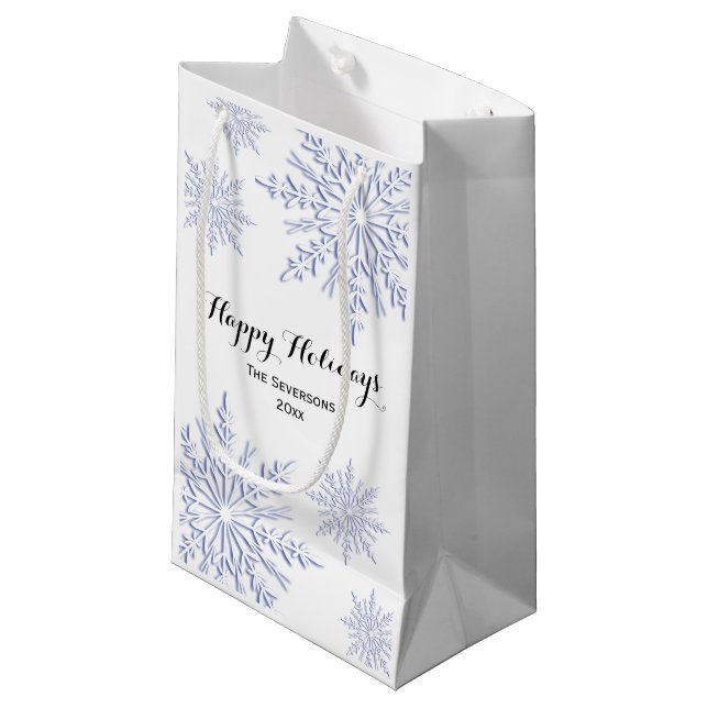 Blue Winter Snowflakes Happy Holidays Small Gift Bag (Front Angled)