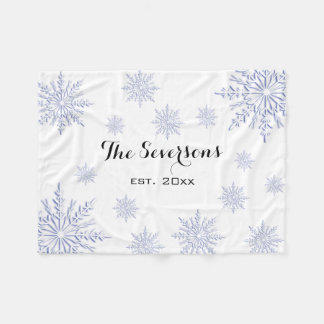 Blue Winter Snowflakes on White Fleece Blanket