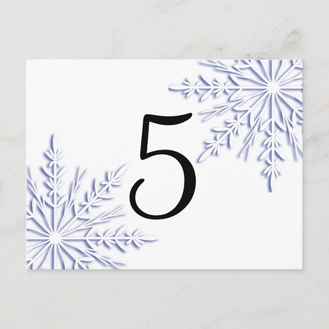 Blue Winter Snowflakes on White Table Number (Front)