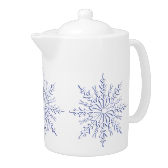 Blue Winter Snowflakes on White Teapot (Right)