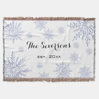 Blue Winter Snowflakes on White Throw Blanket