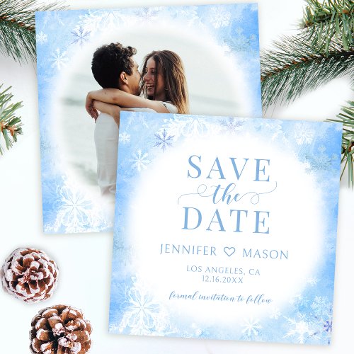 Blue winter snowflakes Save the date photo  Invitation