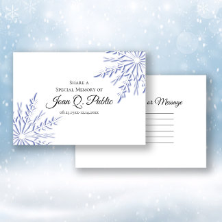 Blue Winter Snowflakes Share a Memory Funeral Note Card
