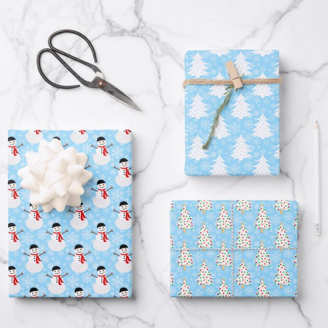 Blue Winter Snowman and Christmas Tree Wrapping Paper Sheets (Front)