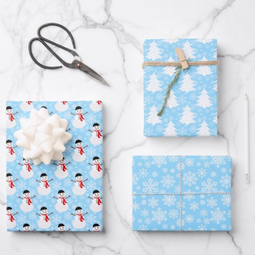 Blue Winter Snowman Trees and Snowflakes Wrapping Paper Sheets