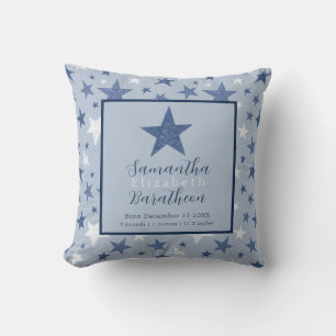 Blue Winter Stars Personalized Baby Birth Stat Throw Pillow