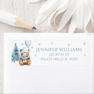 Blue Winter Teddy Bear Baby Shower Return Address Label